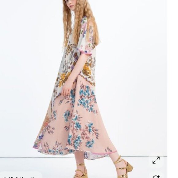 Zara Floral Patchwork Maxi Flowy Sleeve Romantic Boho Dress M - Picture 2 of 8